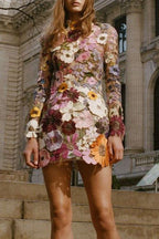 Mock Neck Long Sleeve Sheer Mesh 3D Floral Applique Mini Dress