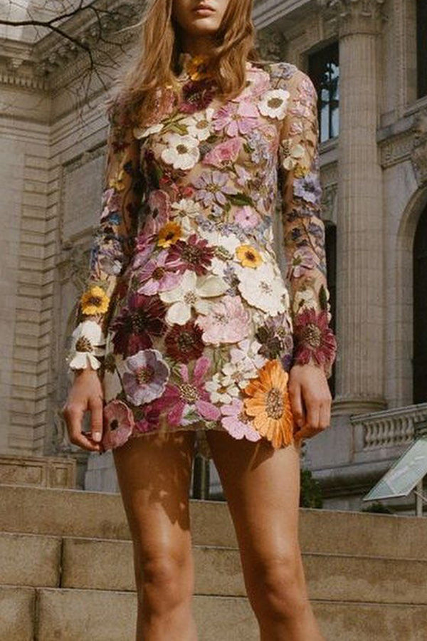 Mock Neck Long Sleeve Sheer Mesh 3D Floral Applique Mini Dress