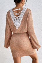 Orange Backless Long Sleeve Knit Sweater Dress