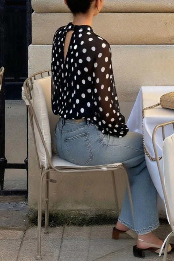 Polka Dot Print Tie-waist Lantern Sleeve Elegant Loose Shirt