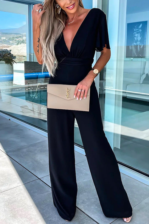 Deep V Neck Ruffle Sleeve High Waist Wide Leg Jumpsuit