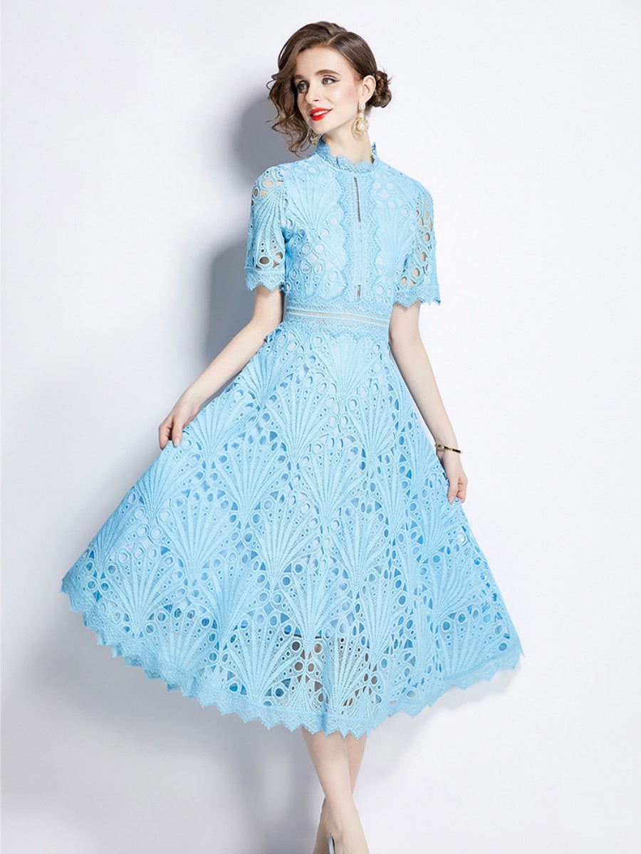 Crocheted Embroidered Lace Midi Dress