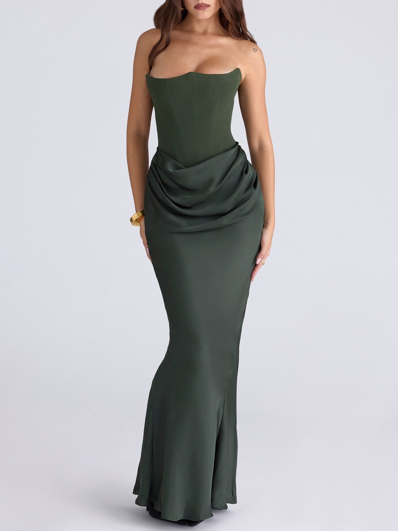 Satin Belted Strapless Off-the-shoulder Fishbone Pleated Long Bodycon Dress