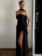 Strapless, Fitted, Solid Color, Open Back, Elegant Long Dress With Ribbons