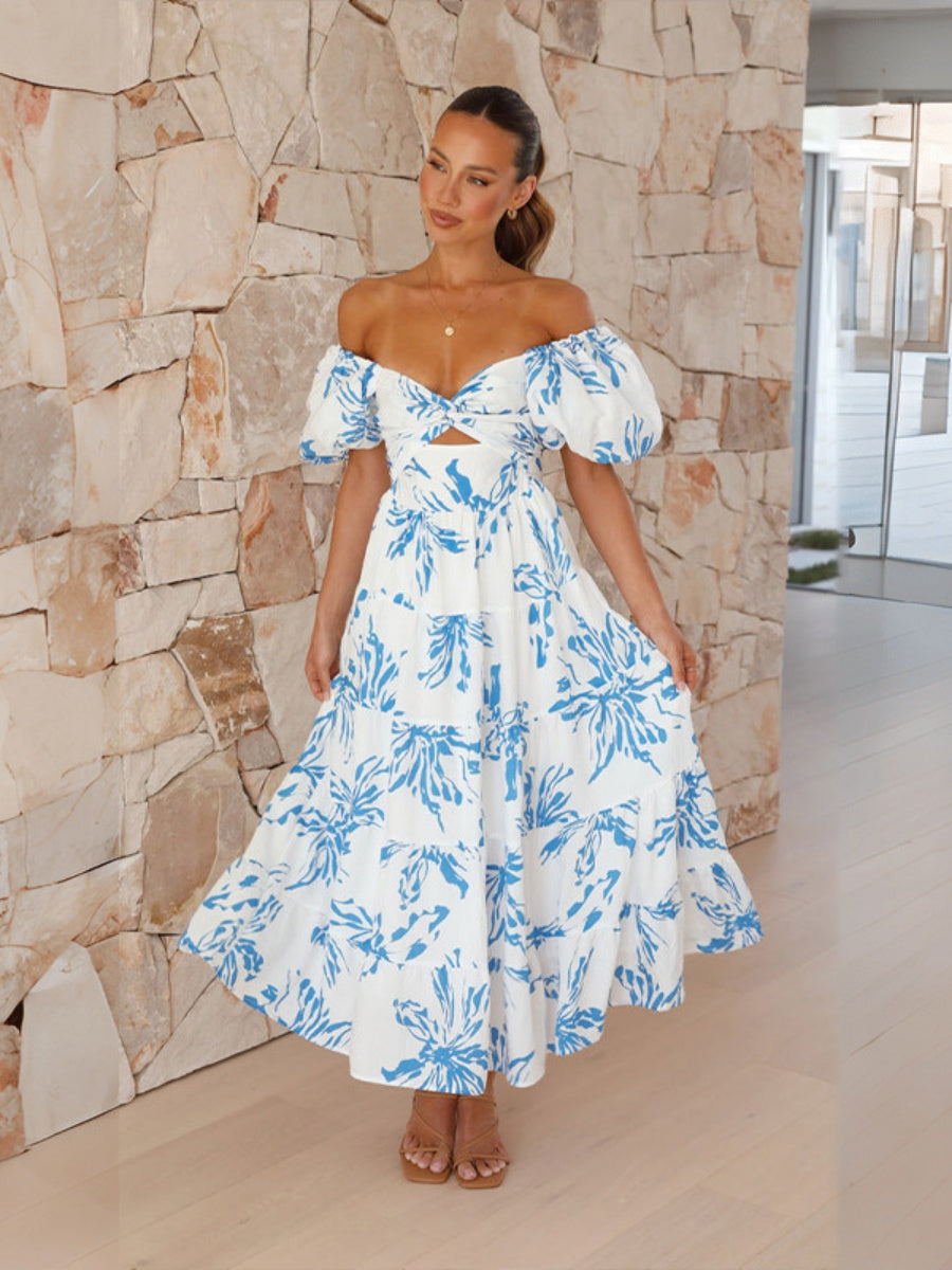 Printed Puff Sleeve Sweetheart Collar Vacation Maxi Dresses