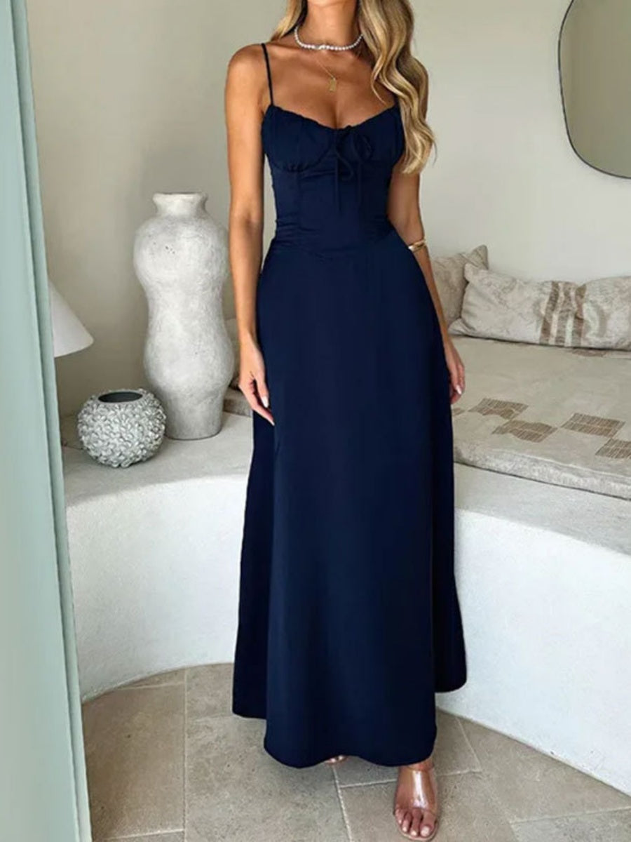 Solid Color Lace Up Waist Temperament Maxi Dresses