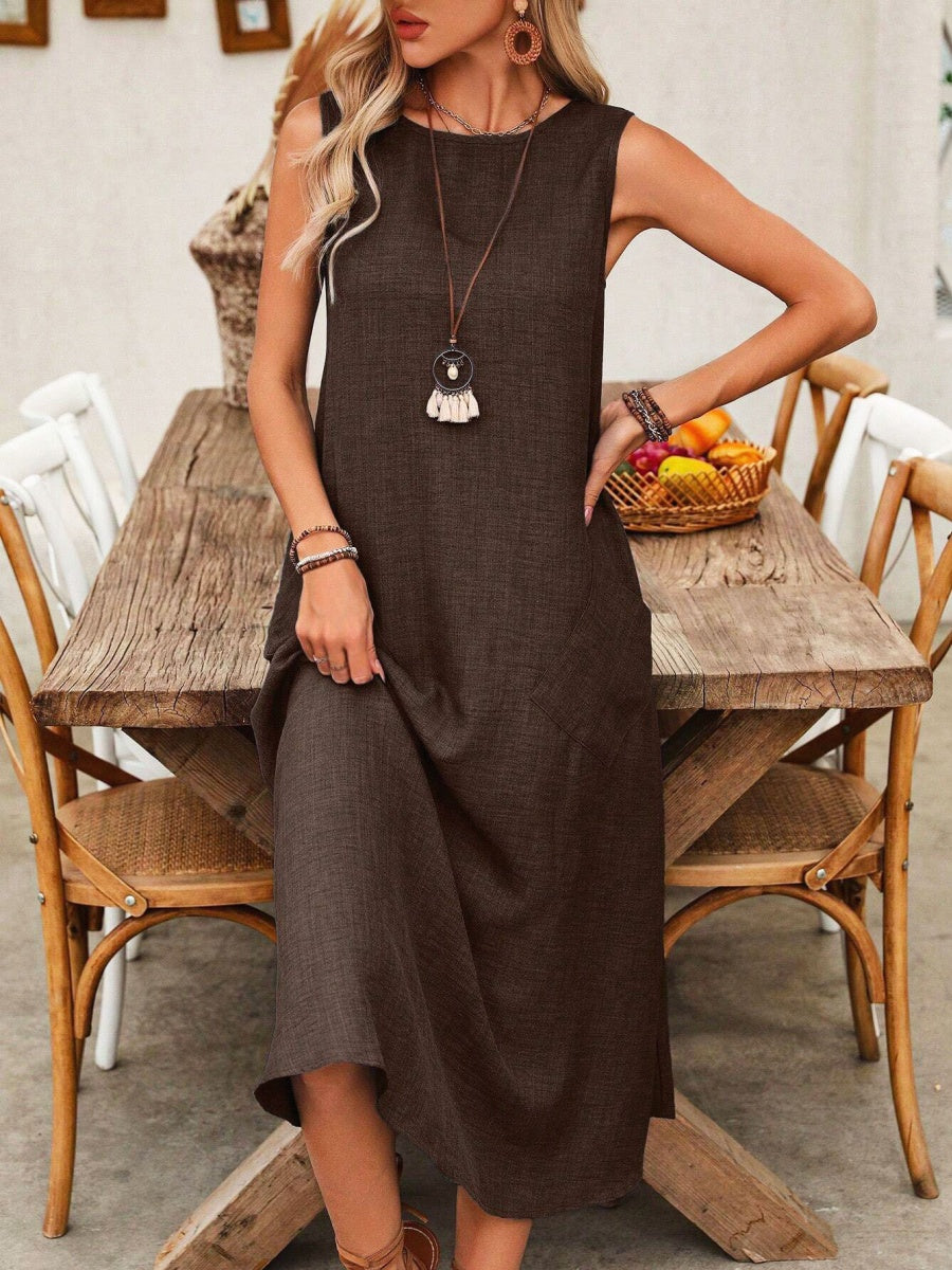 Pullover Crew Neck Sleeveless Pocket Solid Color Midi Dresses