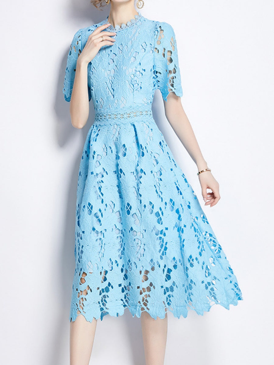Water-soluble Lace Short-sleeved Slim-fit Midi Dress
