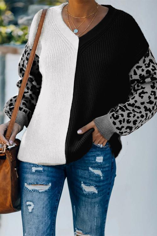 V Neck Leopard Splice Color Block Cozy Sweater