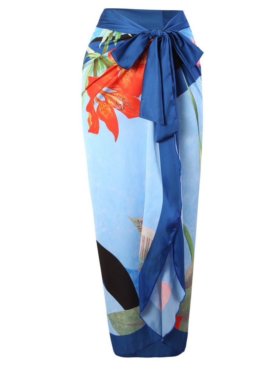 One-piece Swimsuit With Cross-over Print, Revealing Backpack And Hip-revealing Long Skirt (two-piece Set)
