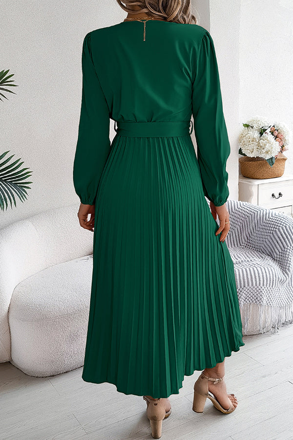 Deep V-Neck Bishop Sleeve Button Front Pleated Belted Midi Dress