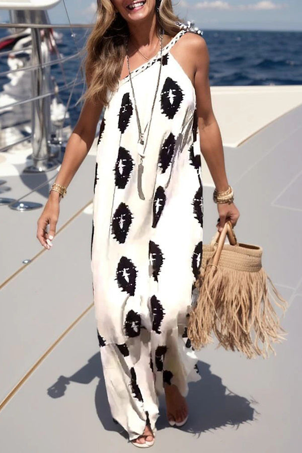 Ikat Print One Shoulder Loose Kaftan Maxi Dress
