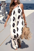 Ikat Print One Shoulder Loose Kaftan Maxi Dress