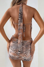 Khaki Halter Wrap Neck Side Cutout Sash Tie Abstract Print Mini Dress