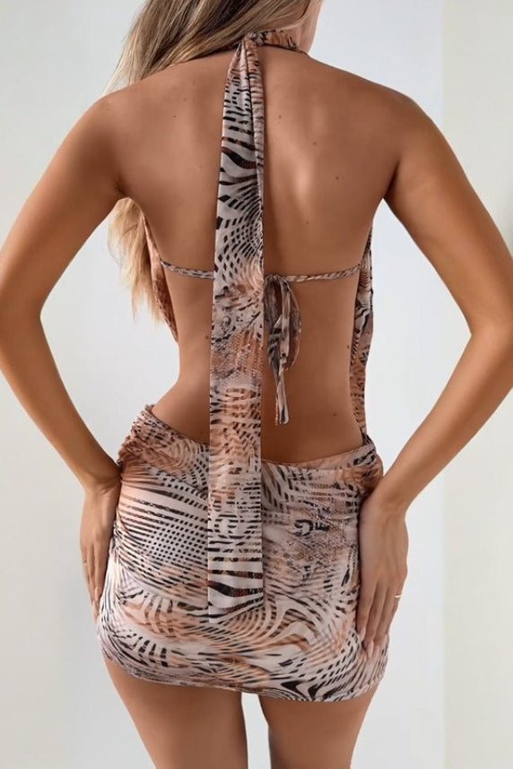 Khaki Halter Wrap Neck Side Cutout Sash Tie Abstract Print Mini Dress