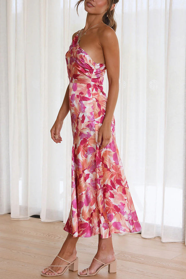 Abstract Floral Print One Shoulder Ruched Mermaid Hem Midi Dress