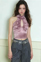 Elegant Ruffled Cutout Stand Collar Cropped Tank Top