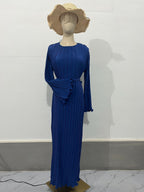 Micro Pleated Crew Neck Tie Belt Bell Sleeve Maxi Dress