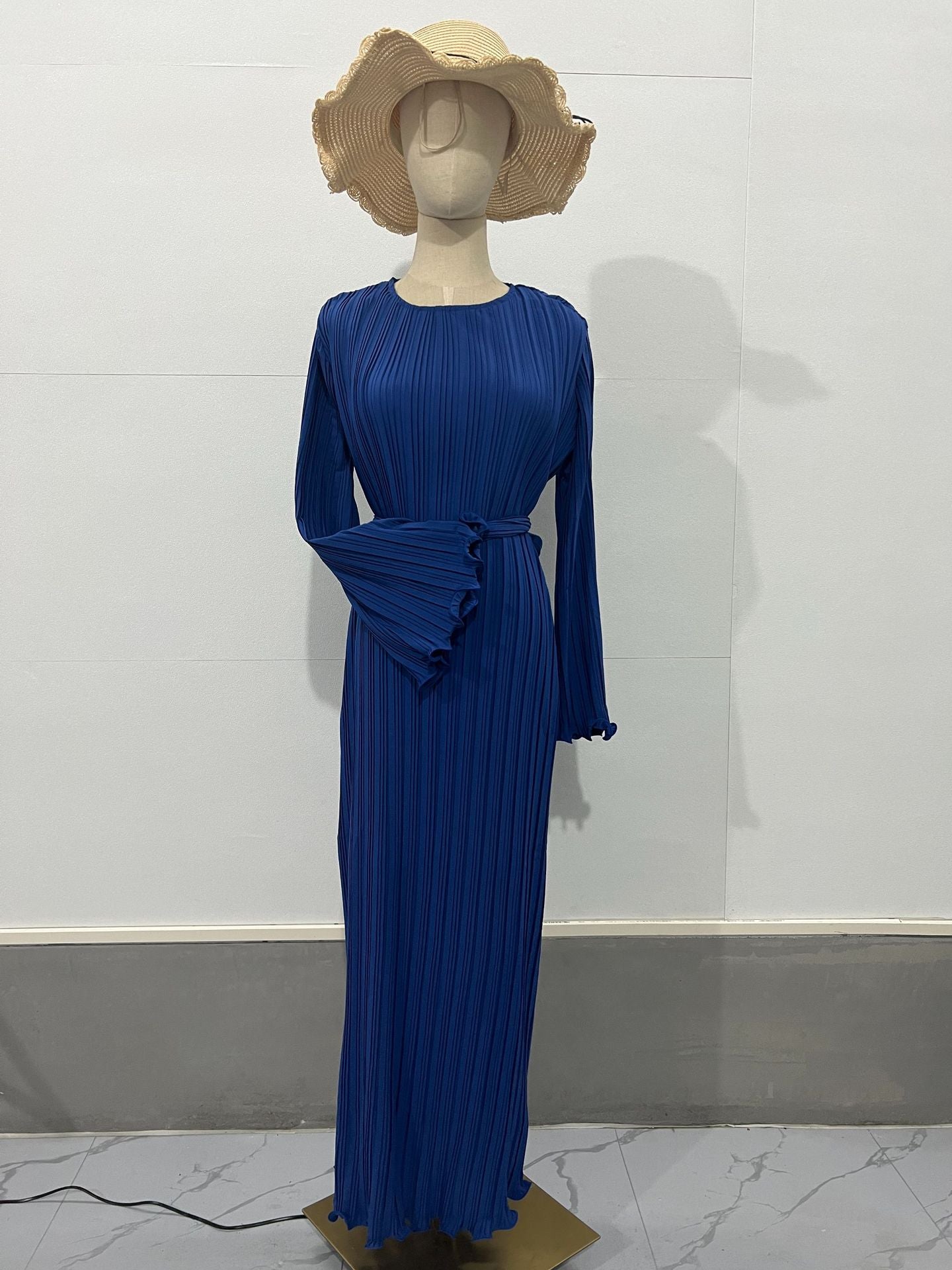 Micro Pleated Crew Neck Tie Belt Bell Sleeve Maxi Dress