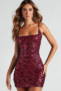 Sequin Damask Square Neck Spaghetti Strap Bodycon Mini Dress