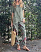 Casual Cotton And Linen Round Neck Top & Printed Pants Two-Piece Set