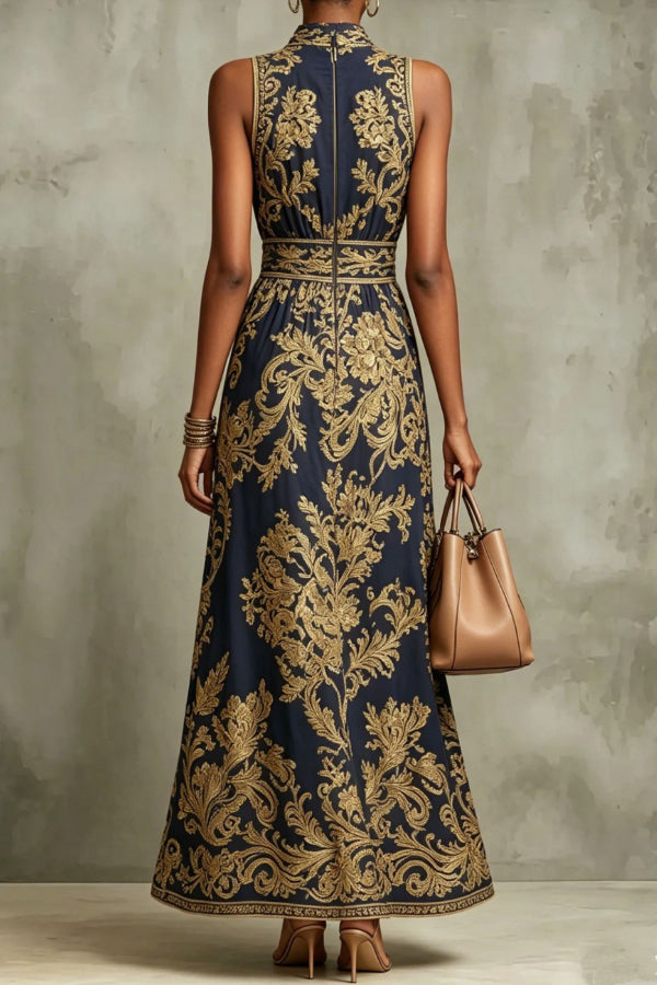 Vintage Gold Embroidered Long Dress