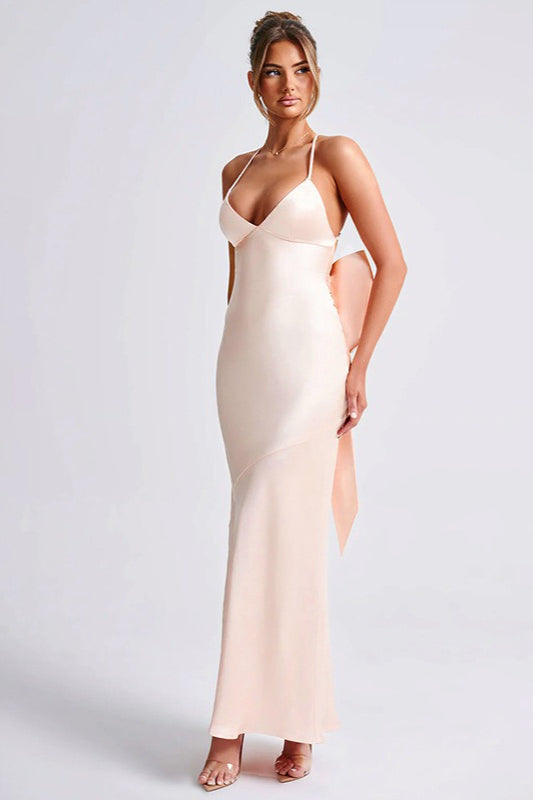 Deep V Spaghetti Strap Oversized Back Bow Satin Maxi Dress