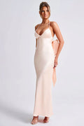 Deep V Spaghetti Strap Oversized Back Bow Satin Maxi Dress