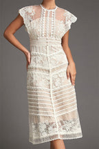 Floral Lace High Neck Flutter Sleeve Tiered Scallop Trim Midi Dress