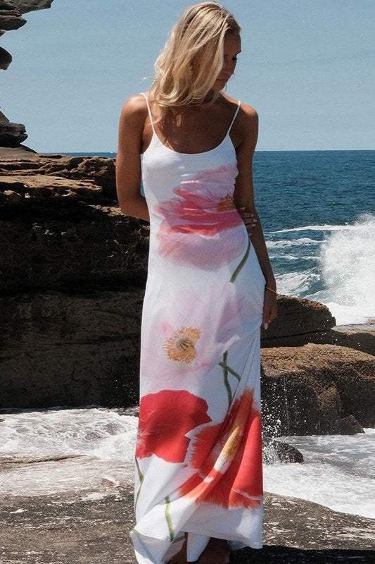 Spaghetti Strap Scoop Neck Oversized Floral Placement Print Maxi Dress