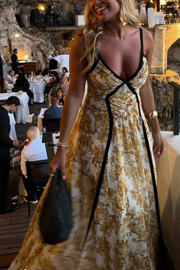 Floral Print Spaghetti Strap Contrast Trim Pleated Maxi Dress