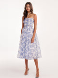 Floral Dress Spaghetti Strap Backless Lace Up Birthday Party Midi Dresses