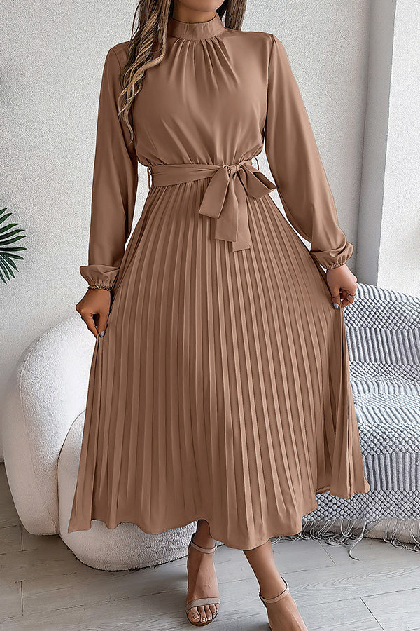 Mock Neck Lantern Sleeve Belted Pleated A-Line Midi Dress