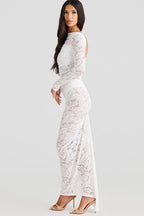Open Back Long Sleeve Floral Lace Illusion Overlay Bodycon Maxi Dress