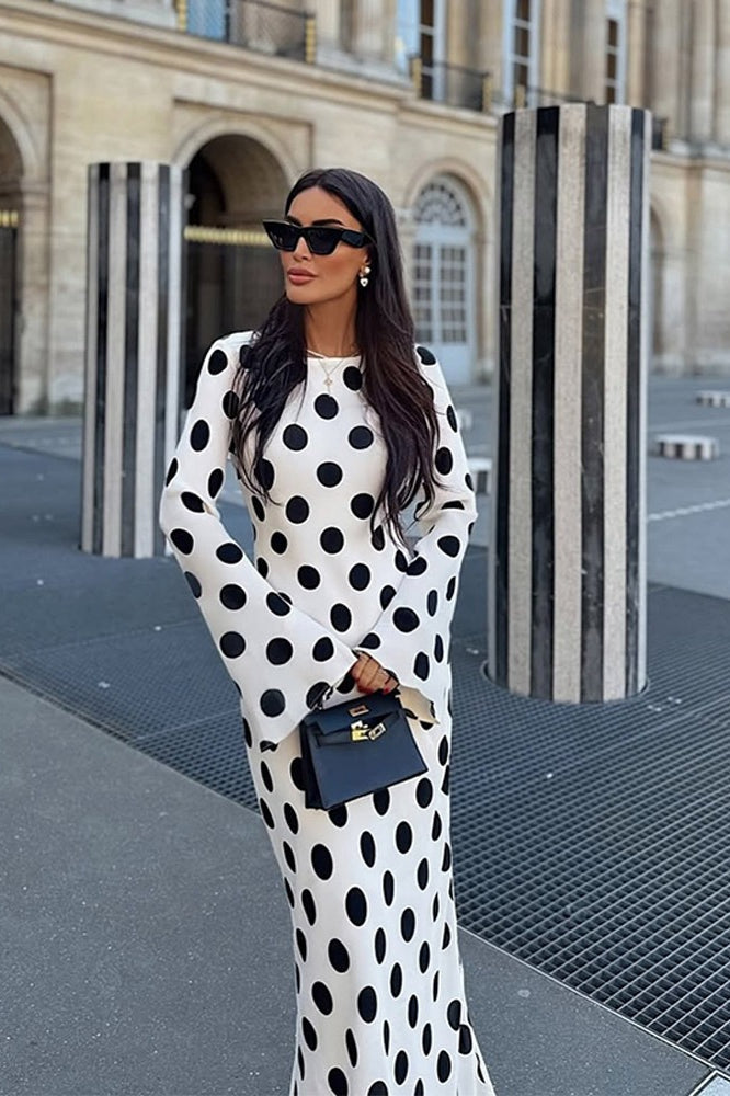 Polka Dot Bell Sleeve Crew Neck Bodycon Maxi Dress