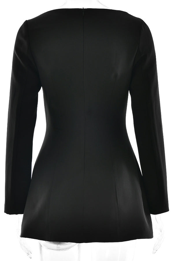 Boat Neck Long Sleeve Bow Hip Detail Structured A-Line Mini Dress