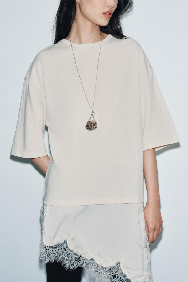 Stylish Round Neck Short-sleeved Patchwork Lace Hem Loose T-shirt