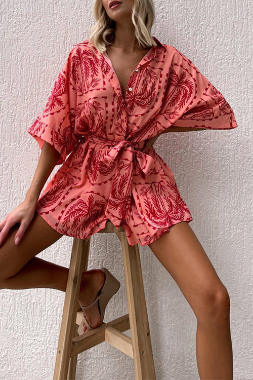 Short Sleeves Button Up Tie Waist Printed Romper