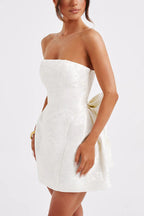 Strapless Jacquard Floral Bow Back Fit and Flare Mini Dress