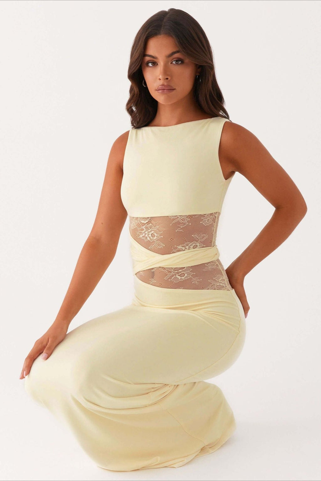 Lace Panel Boat Neck Cut Out Waist Sleeveless Bodycon Maxi Dress
