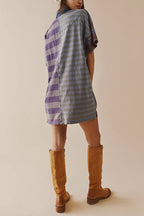 Denim Collar Striped Patchwork Polo Rugby Mini Dress