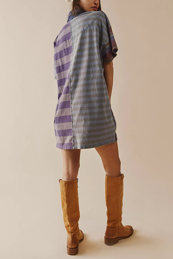 Denim Collar Striped Patchwork Polo Rugby Mini Dress