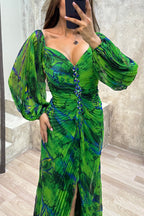 Off Shoulder Bishop Sleeve Jewel Embellished Plisse Abstract Print Maxi Gown