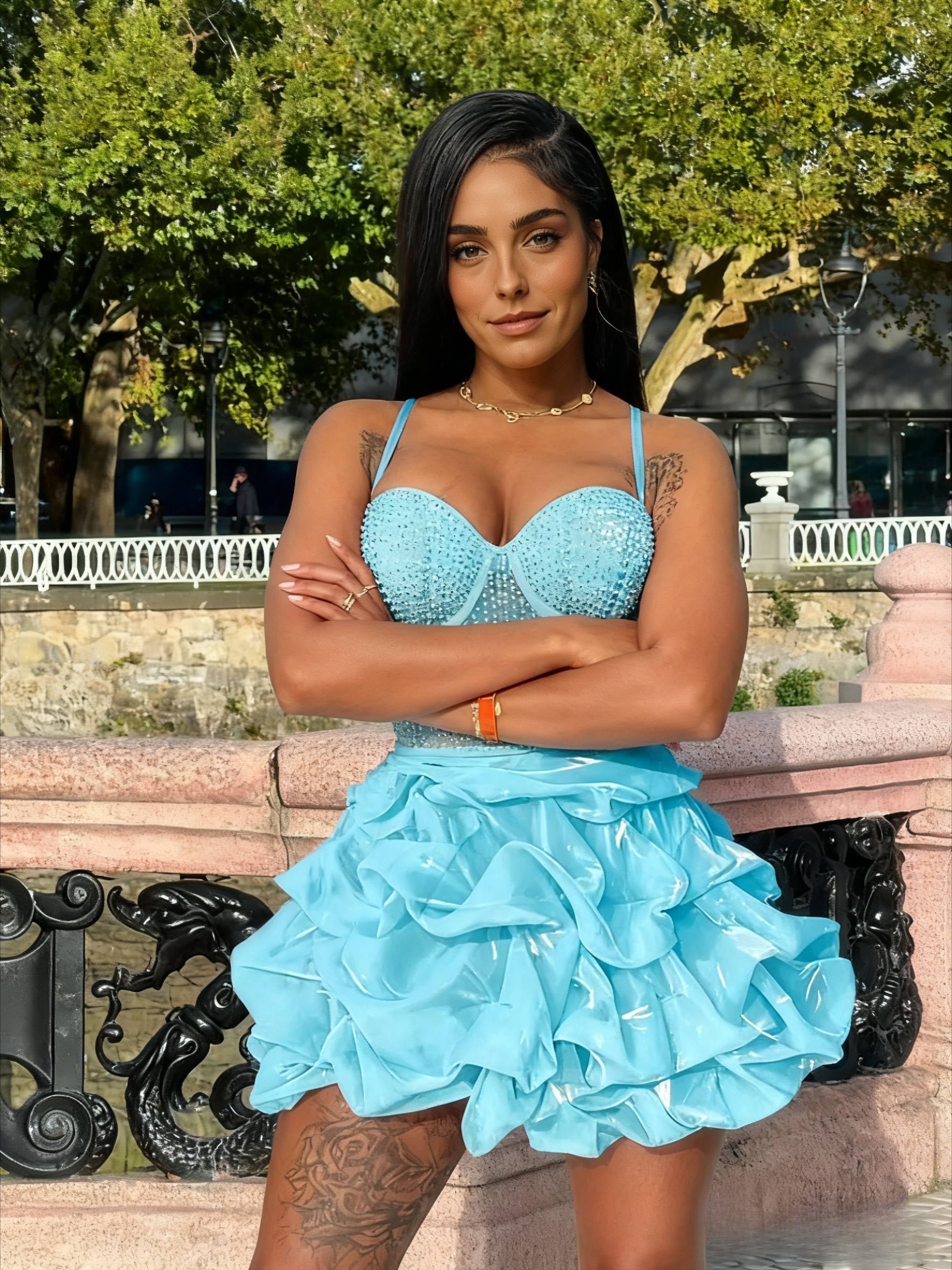 Pearl Embellished Corset Top Tiered Ruffle Mini Skirt Two Piece Set