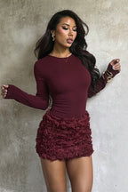 3D Rosette Applique High Waist Mini Skirt and Long Sleeve Top Two Piece Set