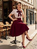 Polka Dot Patchwork Bow Tie Neck Short Sleeve Retro Swing Dress For Women 2026