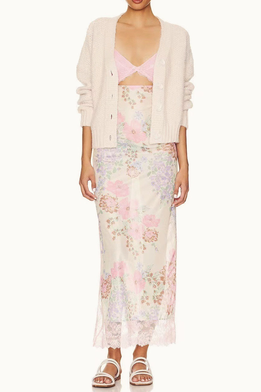 Sweetheart Lace Cap Sleeve Triangle Cutout Floral Print Bodycon Midi Dress