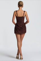 Corset Boned Square Neck Wide Strap Draped Ruched Bodycon Mini Dress