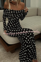 Chic Statement Polka Dot Print Off Shoulder Ruched Stretch Maxi Dress