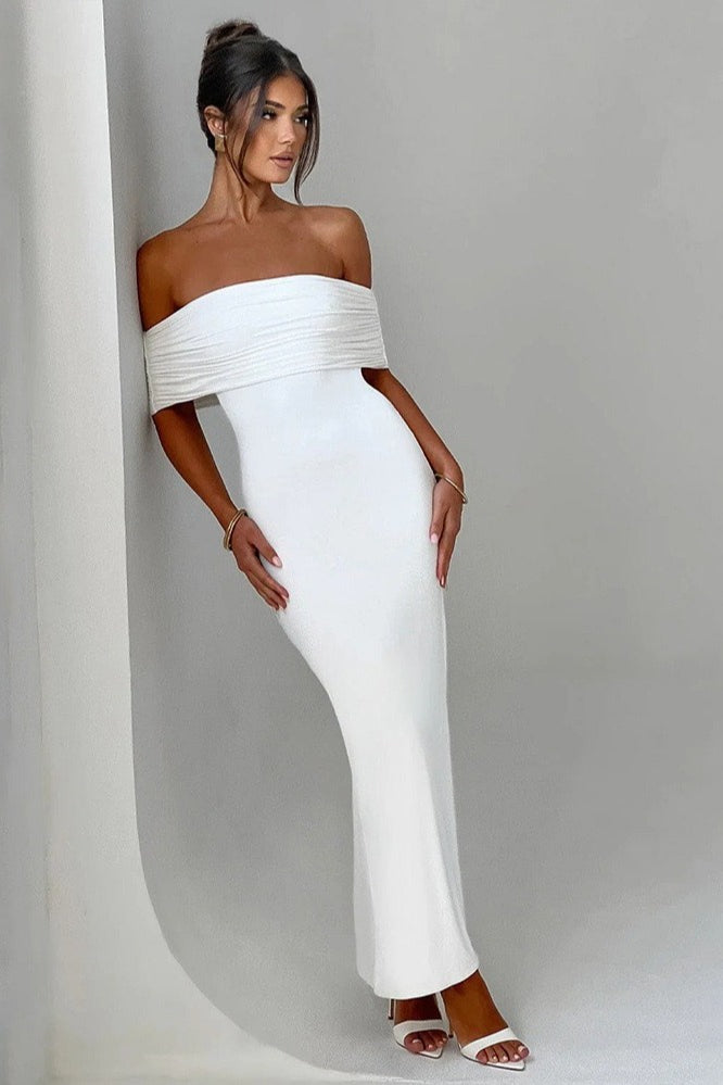 Off Shoulder Ruched Band Open Back Bodycon Maxi Dress